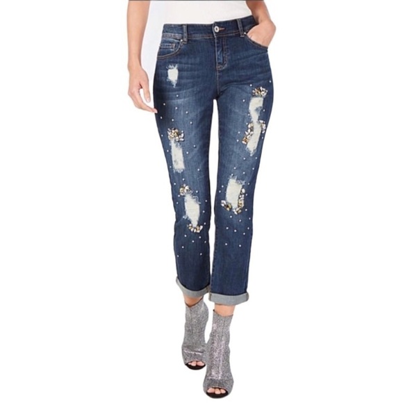 INC International Concepts Denim - Inc Boyfriend Distress Crystal Crop Womens Jeans 10 Blue